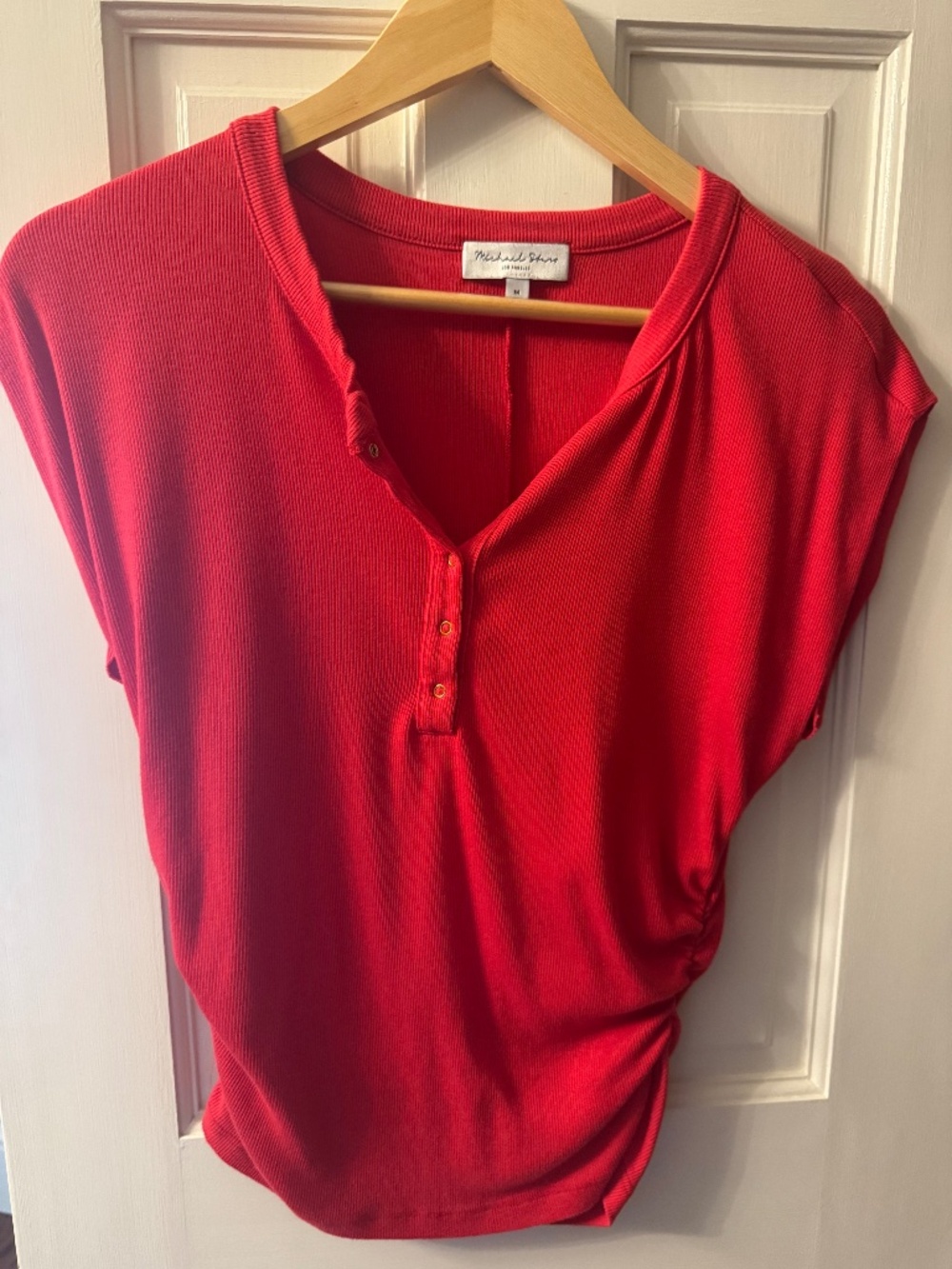 Michael Stars Red Snap Front Ruched Henley Tee Size Medium